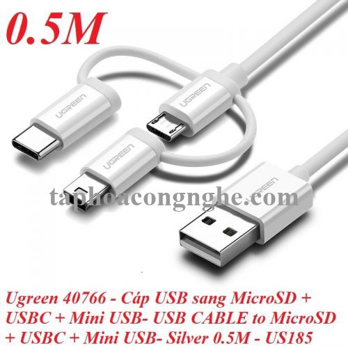 Ugreen 40766 0.5m màu Bạc Cáp dữ liệu USB 3trong1 micro + lightning + mini USB + truyền dữ liệu từ máy tính ra điện thoại US185 30040766